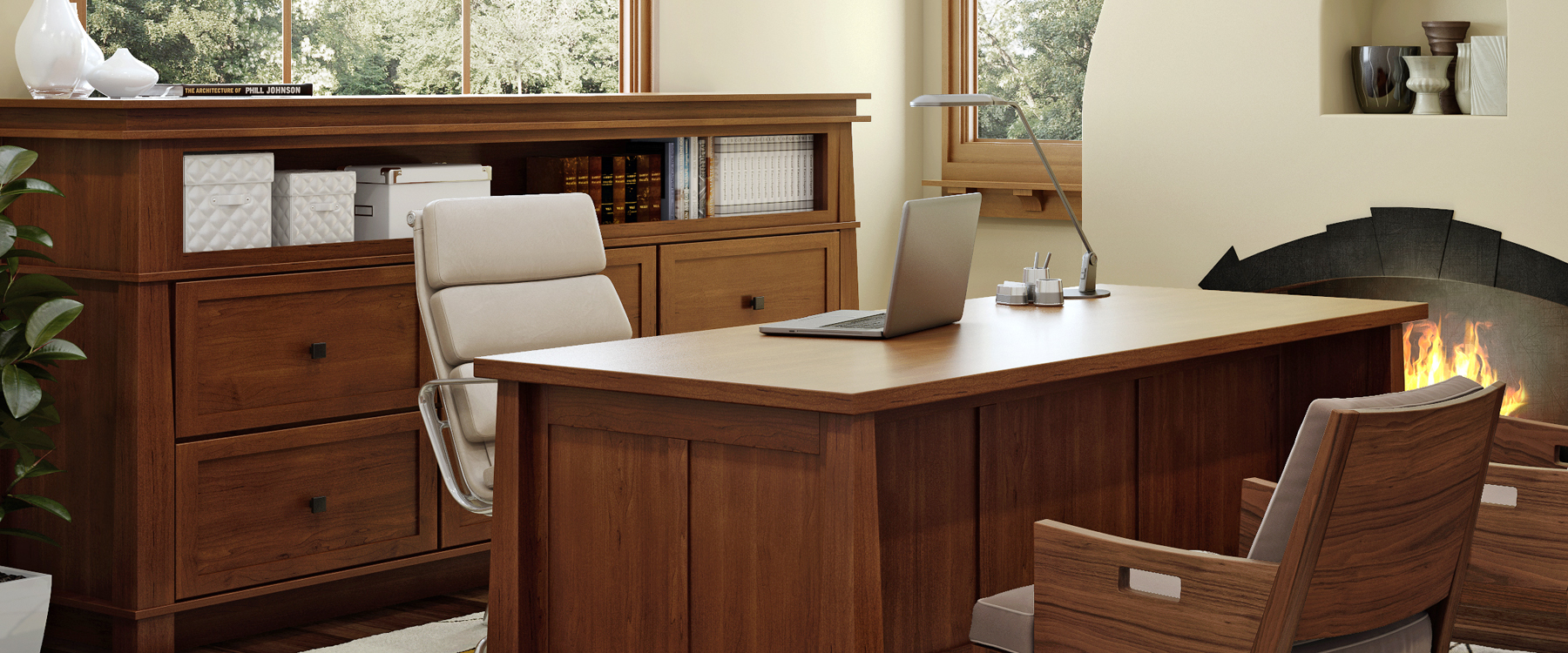 Comfy Office Space with Desk, Chair, and Brown Cabinets | Canyon Creek Cabinet Company