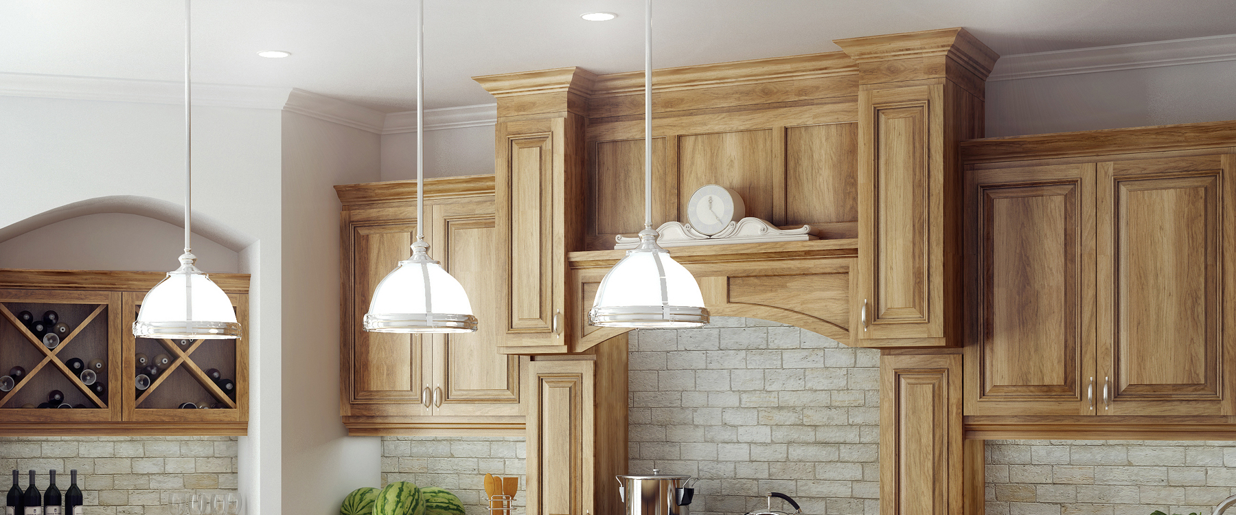 Three Hanging Lights in a Kitchen with Wooden Cabinets | Canyon Creek Cabinet Company