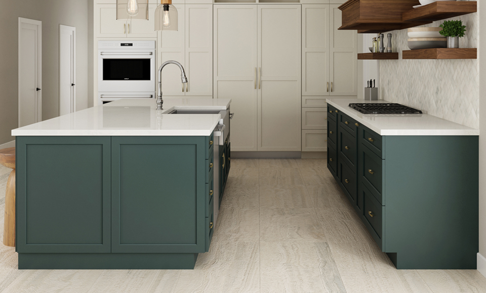 Kitchen and Kitchen Island with Dark Green End Panels | Canyon Creek Cabinet Company