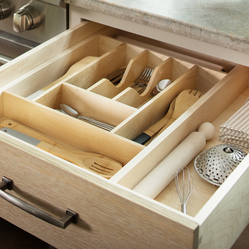 Open Kitchen Drawer with Cutlery Tray Holding Assorted Cutlery | Canyon Creek Cabinet Company