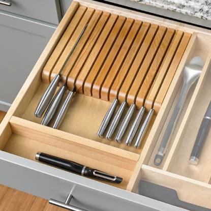 Open Drawer with Knife Block Holding Knives | Canyon Creek Cabinet Company