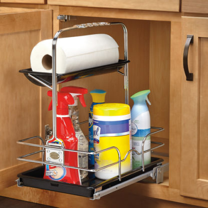 Open Cabinet with Cleaning Caddy & Assorted Cleaning Supplies | Canyon Creek Cabinet Company