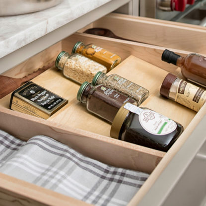Open Drawer with Spice Insert Holding Assorted Spices | Canyon Creek Cabinet Company