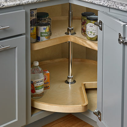 Open Cabinet Doors with Interior Lazy Susan Holding Condiments | Canyon Creek Cabinet Company