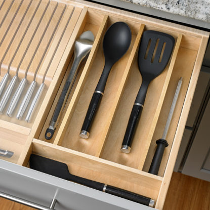 Open Kitchen Drawer with Narrow Utensil Trey Holding Assorted Utensils | Canyon Creek Cabinet Company