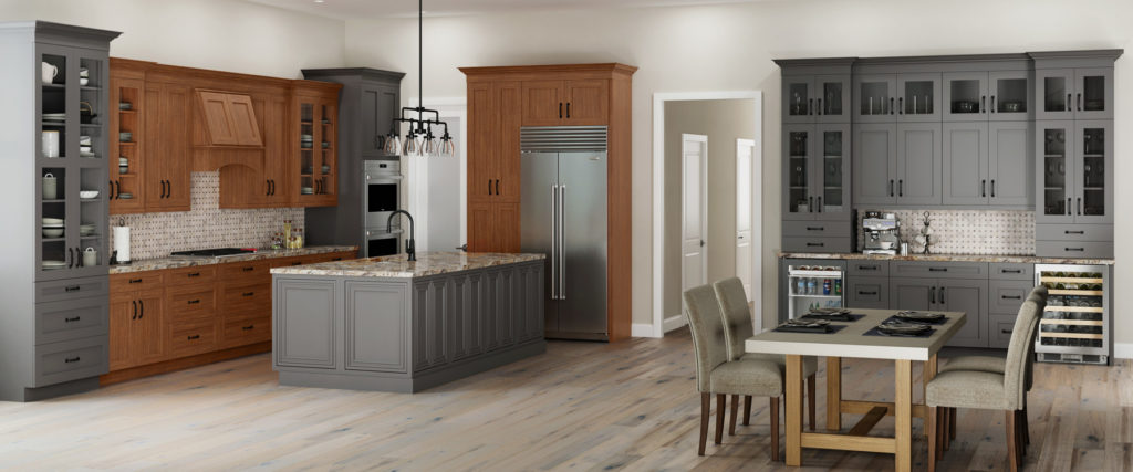 Open Kitchen Design with Mix & Match Cabinets Featuring Gray and Natural Grain Wood Finishes | Canyon Creek Cabinet Company