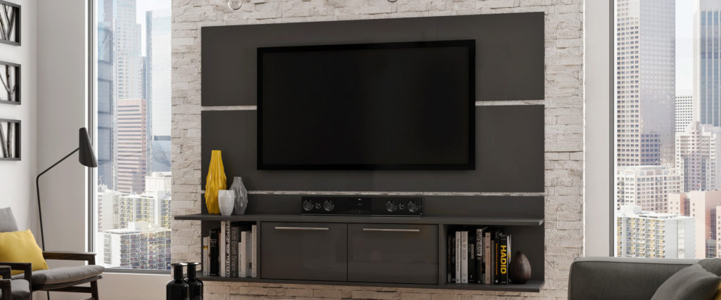 Living Room with Dark Built-in Cabinets around a Large TV | Canyon Creek Cabinet Company