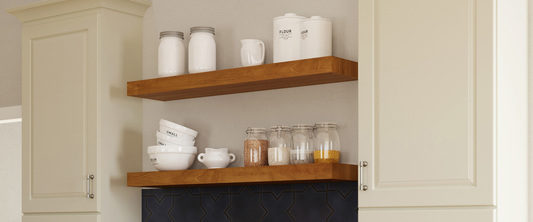 Floating Shelves with Spices between White Kitchen Cabinets | Canyon Creek Cabinet Company