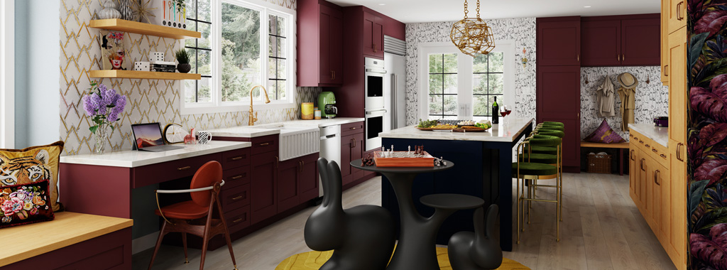 Maximalist interior design for the kitchen with burgundy and natural wood cabinets | Duet Door Styles | Canyon Creek Cabinets