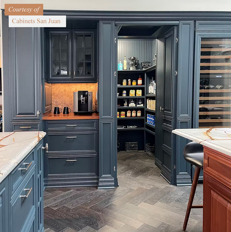 Butler's pantry design with Chatham cabinet doors and custom blue paint from Cabinets San Juan - Canyon Creek Cabinets