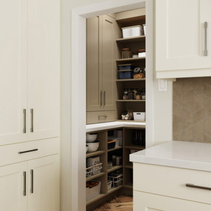 Kitchen with Millennia Lynden Cabinets and Open Pantry Door | Canyon Creek Cabinet Company