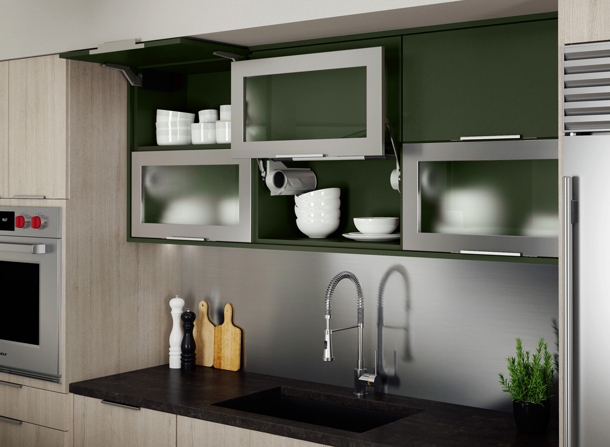Modern Kitchen Sink with Metal and Green Finish Cabinets Overhead | Canyon Creek Cabinet Company